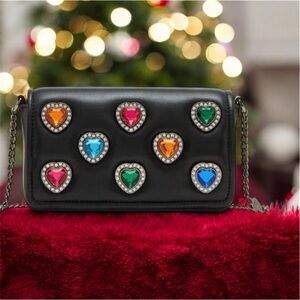Betsy Johnson Black Crossbody Bag  Bejeweled Heart Accents